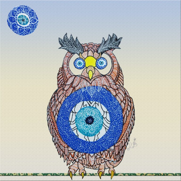 A vibrant and intricate Owl Gond art piece, showcasing the traditional folk art technique with bold colors and detailed patterns, created by Rajni Dutta Art.