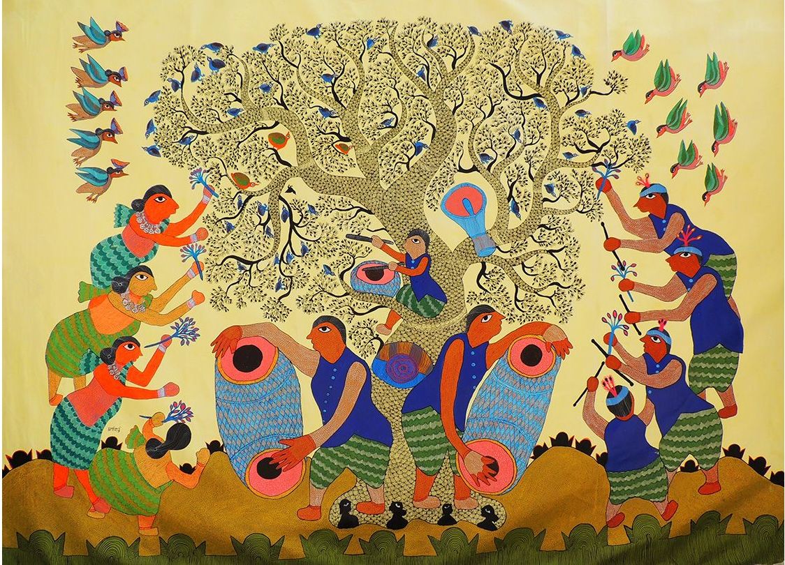 A colorful Gond painting depicting nature and tribal folklore.