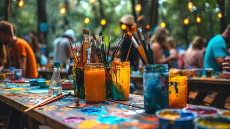 Group of adults enjoying an art party, painting on canvases in a creative and lively setting.